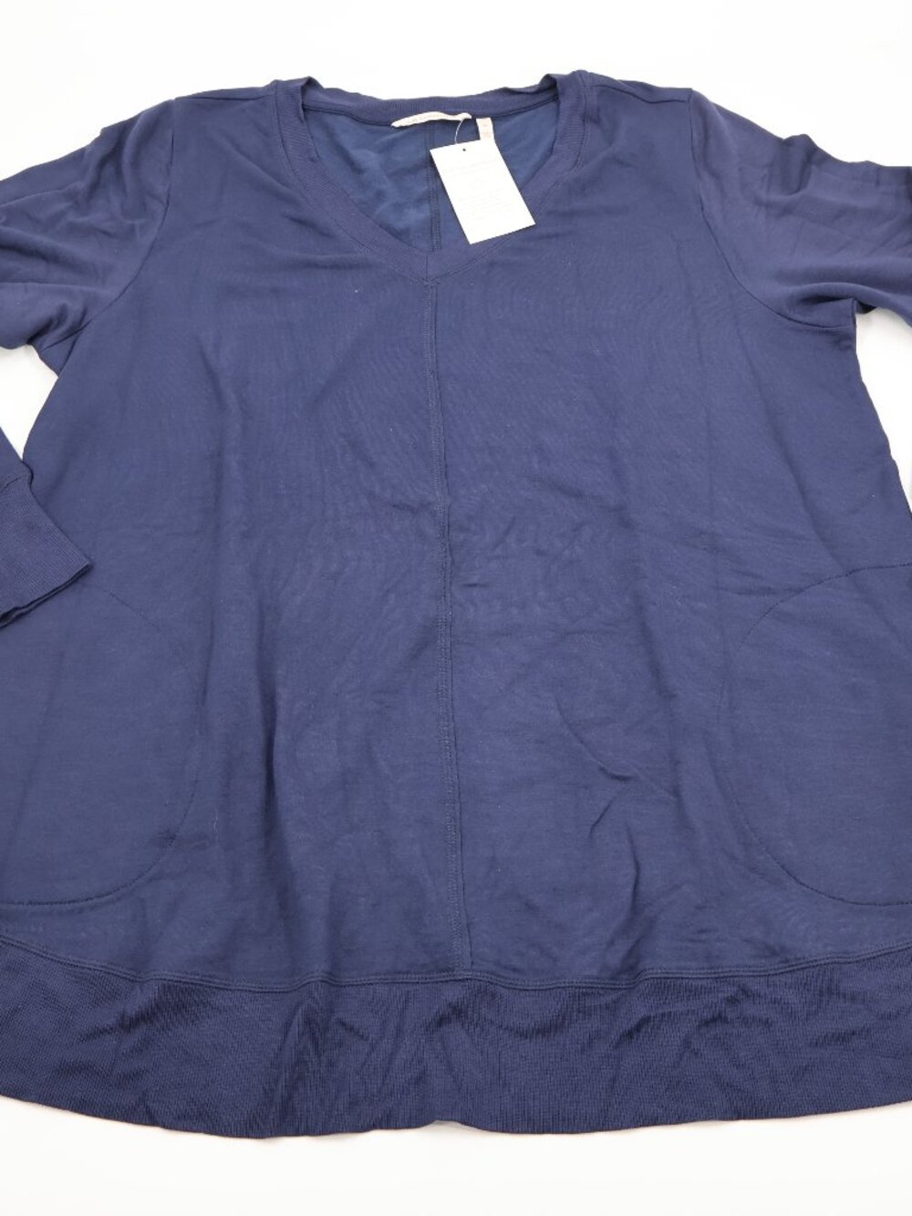 Soft Surroundings Tunic Top Womens 1X Navy Blue V-Neck Pockets Raw Edge Seam